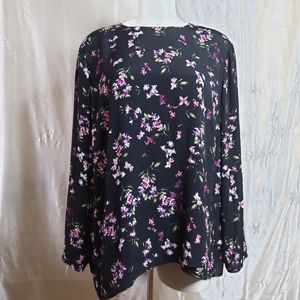 Jill Womens PXL Petite XL Black Floral Asymmetrical Hem Long Sleeve Blouse